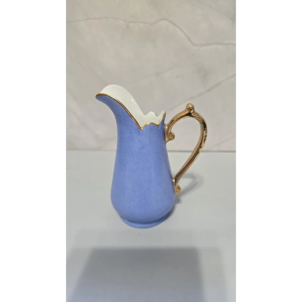 Light Blue Small Creamer Pitcher With Gold Handle And Accents By I Godinger & Co